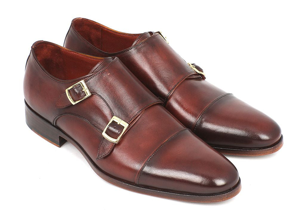 Paul Parkman Men's Cap-Toe Double Monkstraps in brown calfskin leather with a stylish design and antiqued leather sole.