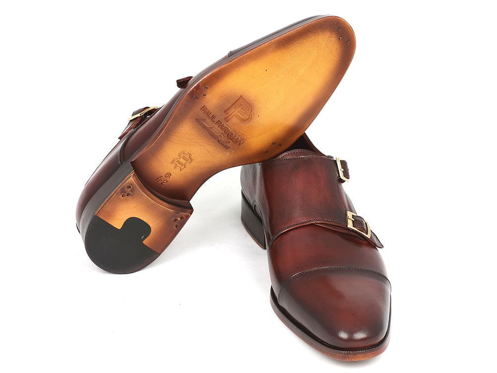 Paul Parkman Men's Cap-Toe Double Monkstraps in brown calfskin leather with a stylish design and antiqued leather sole.