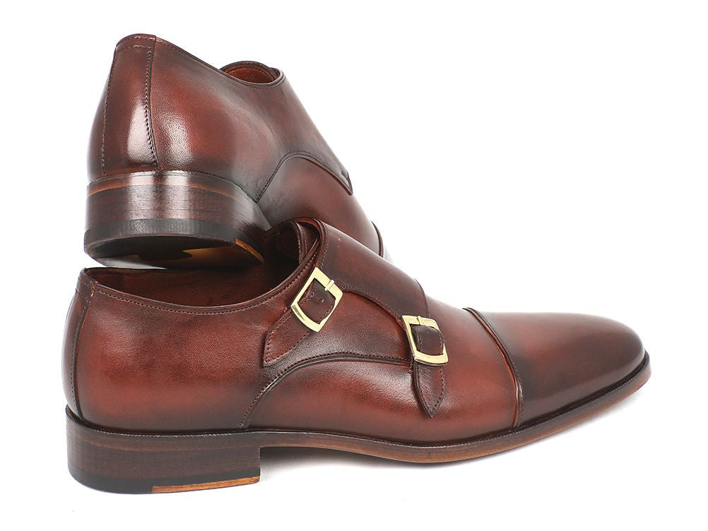 Paul Parkman Men's Cap-Toe Double Monkstraps in brown calfskin leather with a stylish design and antiqued leather sole.