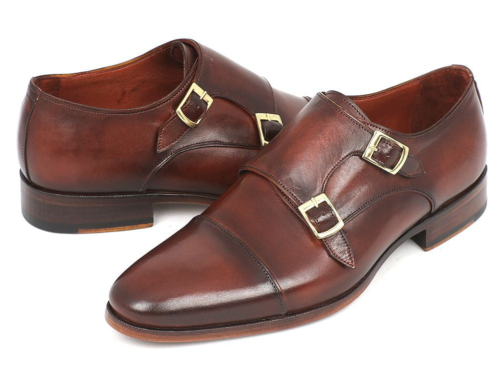 Paul Parkman Men's Cap-Toe Double Monkstraps in brown calfskin leather with a stylish design and antiqued leather sole.