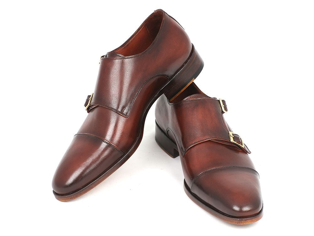 Paul Parkman Men's Cap-Toe Double Monkstraps in brown calfskin leather with a stylish design and antiqued leather sole.