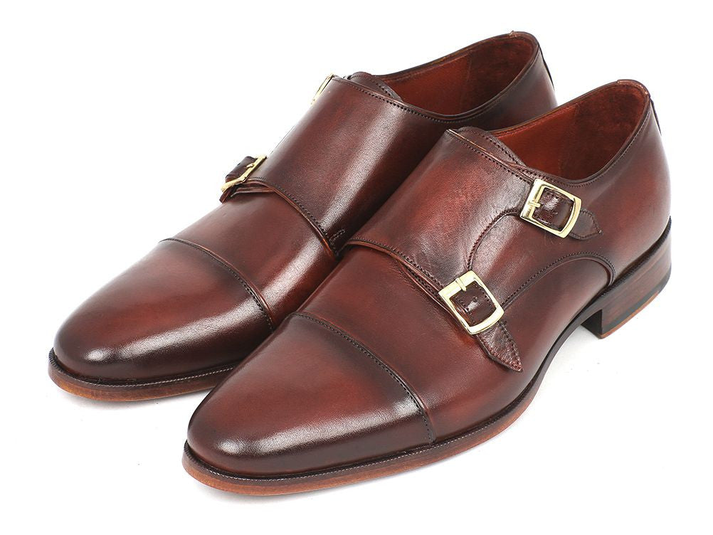 Paul Parkman Men's Cap-Toe Double Monkstraps in brown calfskin leather with a stylish design and antiqued leather sole.