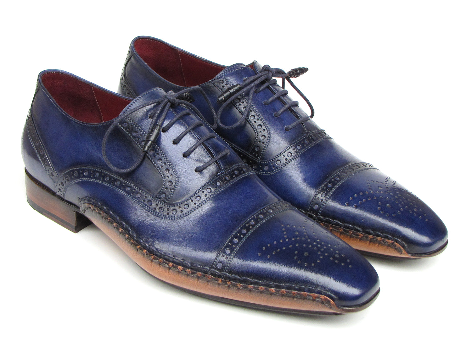 Paul Parkman Men's Captoe Navy Blue Hand Painted Oxfords showcasing hand-painted leather upper, captoe design, and leather sole.