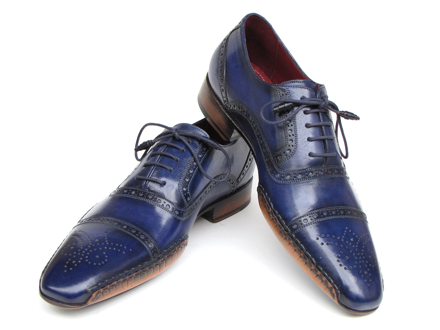 Paul Parkman Men's Captoe Navy Blue Hand Painted Oxfords showcasing hand-painted leather upper, captoe design, and leather sole.