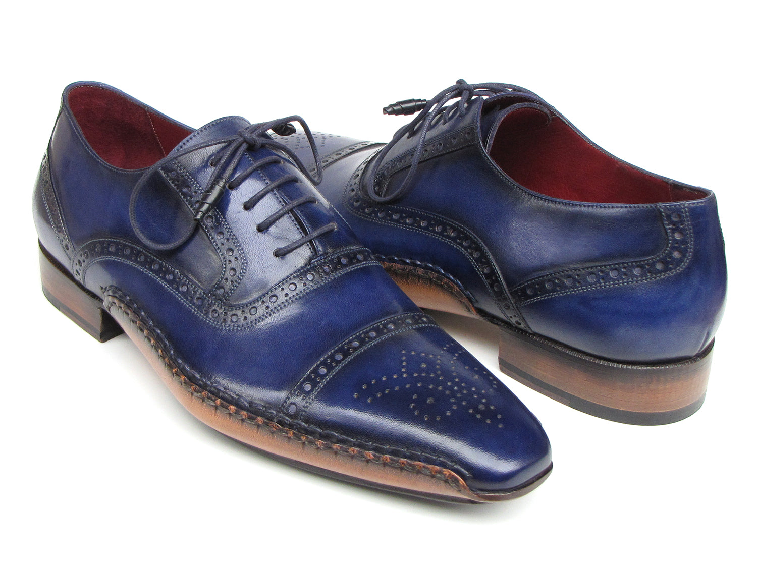 Paul Parkman Men's Captoe Navy Blue Hand Painted Oxfords showcasing hand-painted leather upper, captoe design, and leather sole.