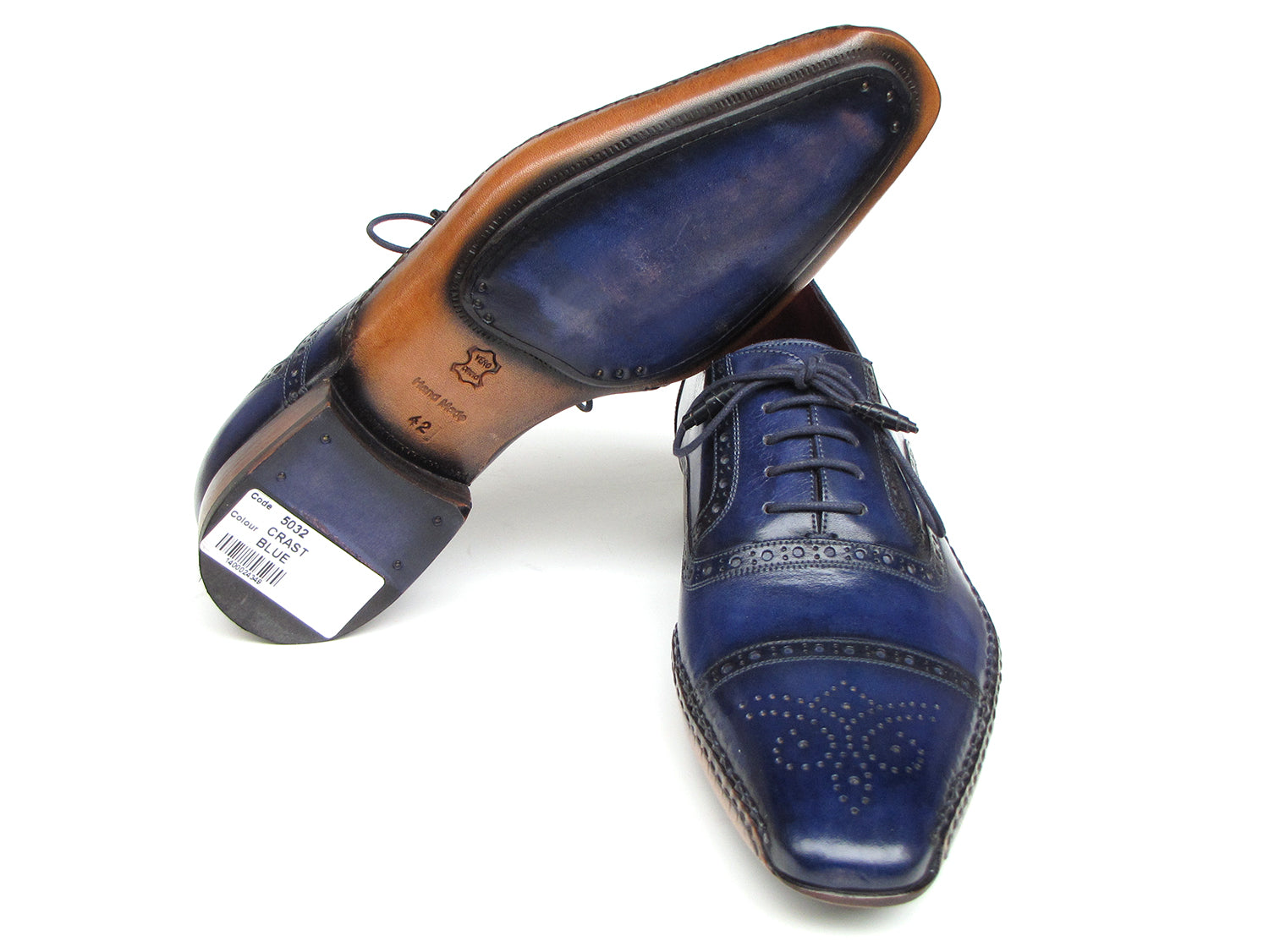 Paul Parkman Men's Captoe Navy Blue Hand Painted Oxfords showcasing hand-painted leather upper, captoe design, and leather sole.