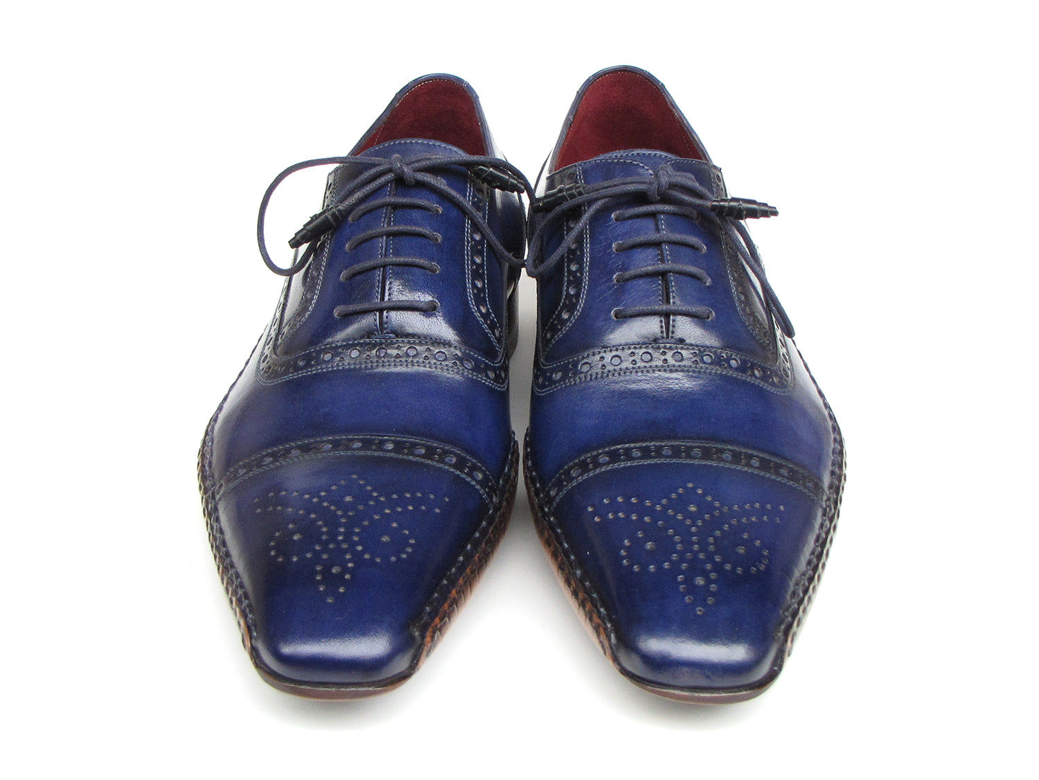 Paul Parkman Men's Captoe Navy Blue Hand Painted Oxfords showcasing hand-painted leather upper, captoe design, and leather sole.