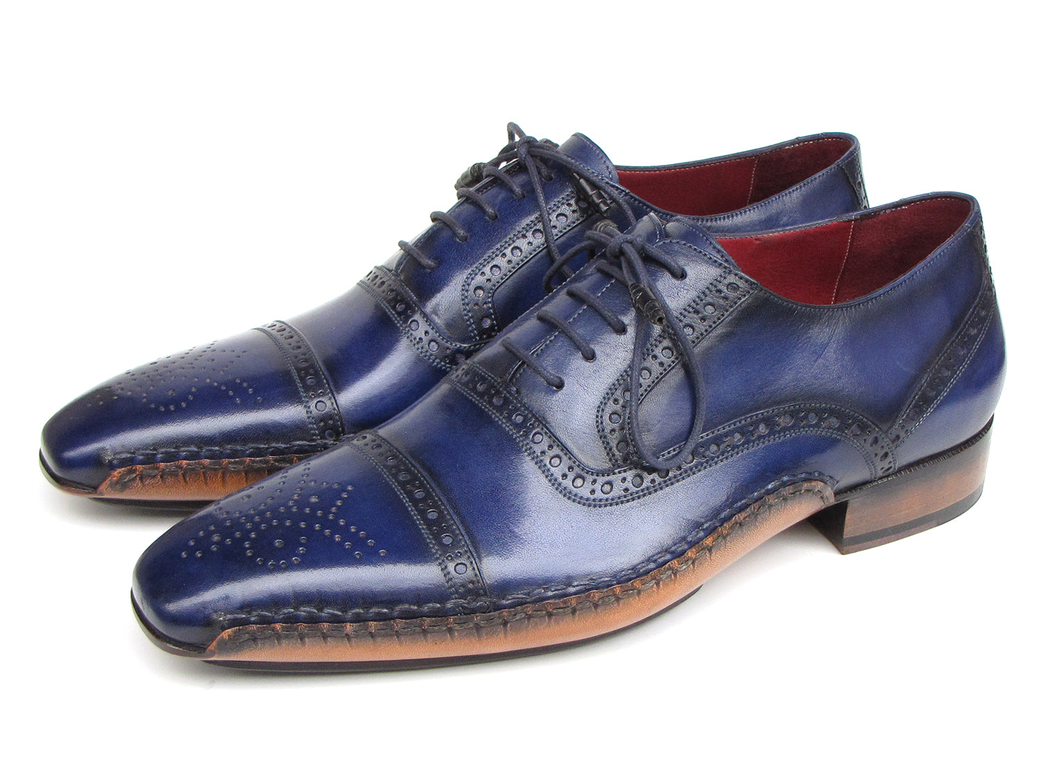 Paul Parkman Men's Captoe Navy Blue Hand Painted Oxfords showcasing hand-painted leather upper, captoe design, and leather sole.