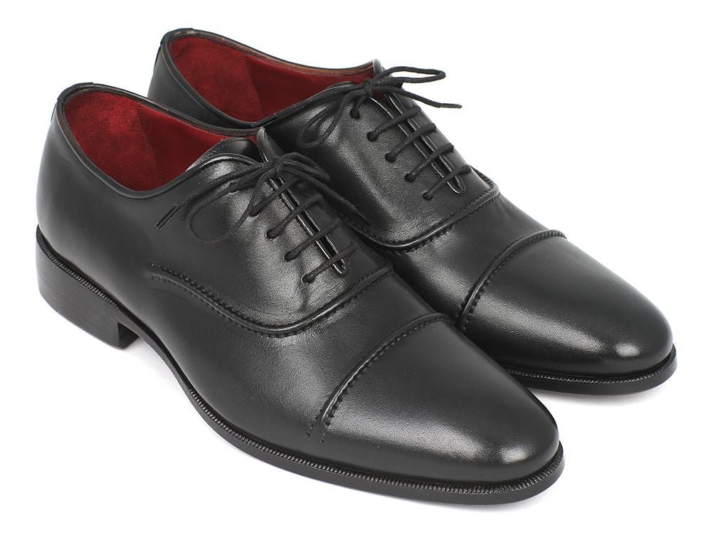 Paul Parkman Men's Captoe Oxfords in black, featuring a hand-painted leather upper and unique purple finished leather sole.