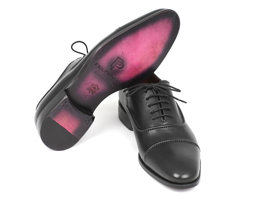 Paul Parkman Men's Captoe Oxfords in black, featuring a hand-painted leather upper and unique purple finished leather sole.