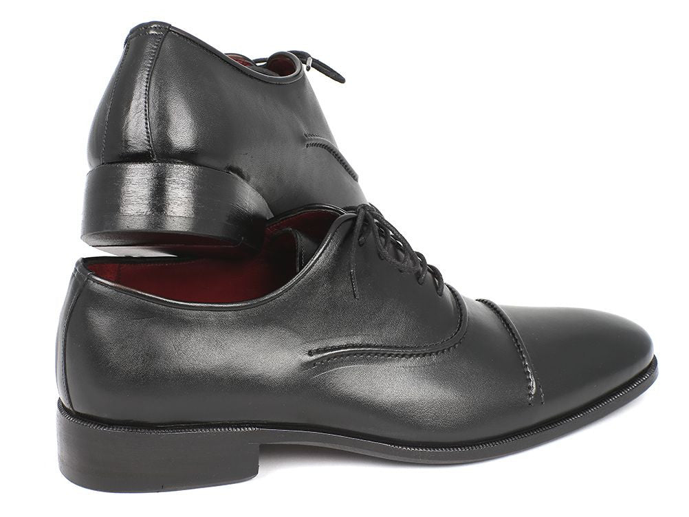 Paul Parkman Men's Captoe Oxfords in black, featuring a hand-painted leather upper and unique purple finished leather sole.