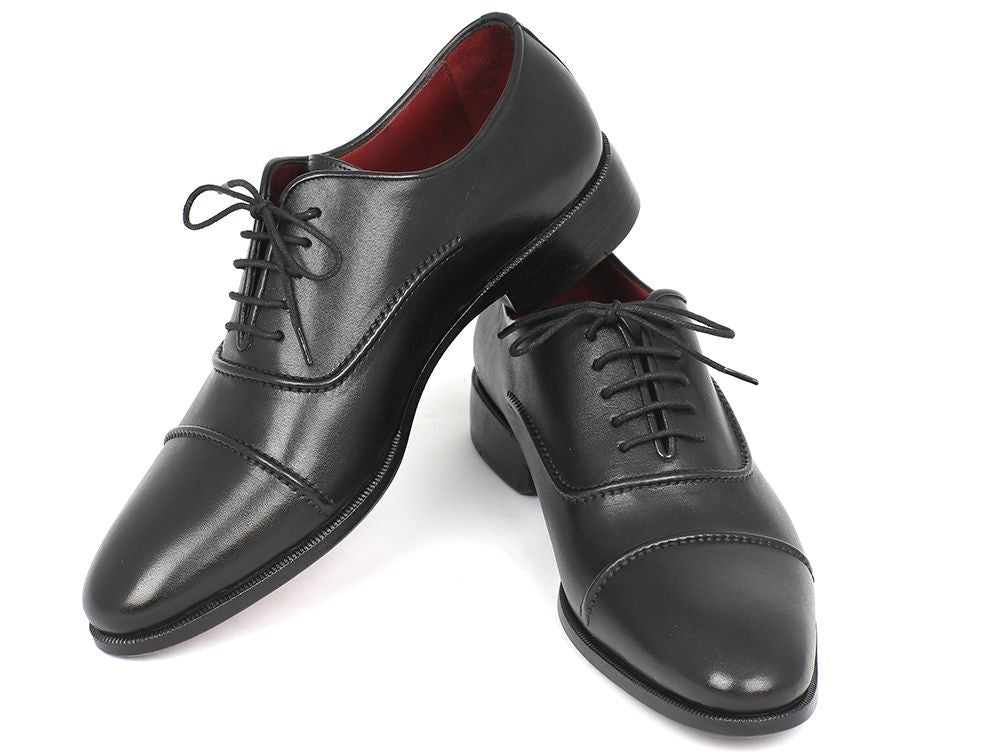 Paul Parkman Men's Captoe Oxfords in black, featuring a hand-painted leather upper and unique purple finished leather sole.