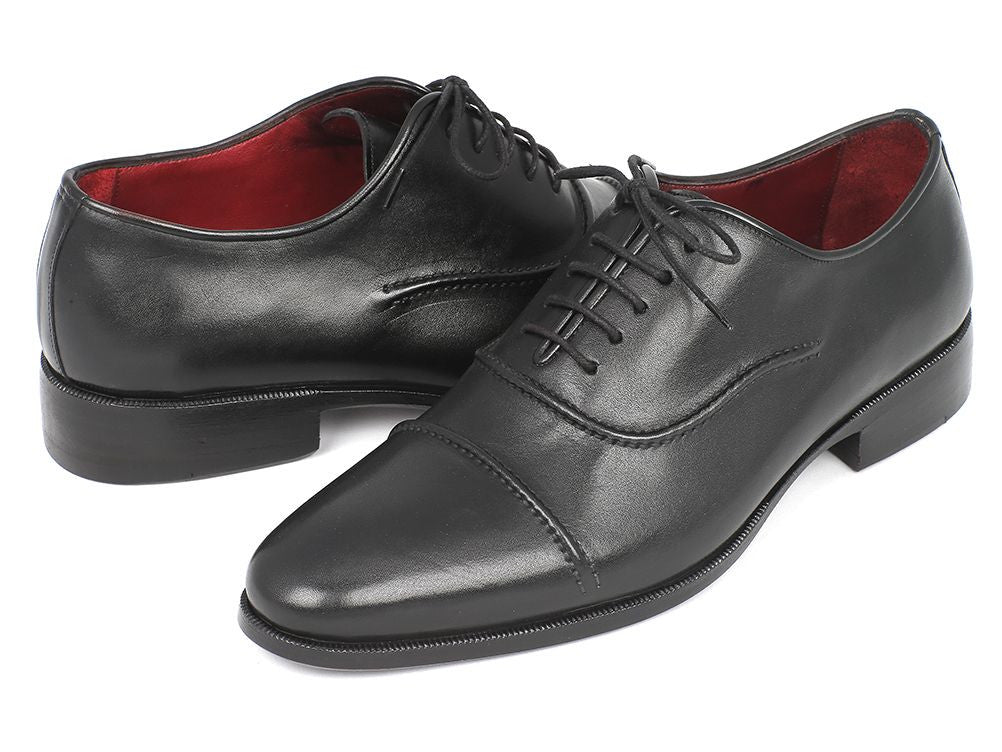 Paul Parkman Men's Captoe Oxfords in black, featuring a hand-painted leather upper and unique purple finished leather sole.