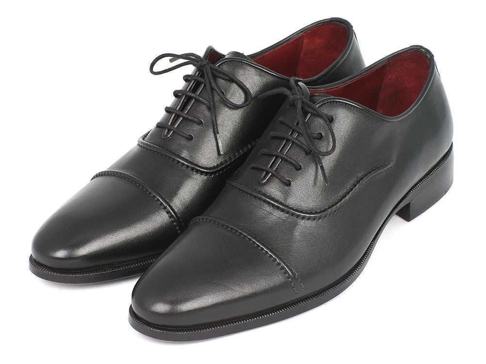 Paul Parkman Men's Captoe Oxfords in black, featuring a hand-painted leather upper and unique purple finished leather sole.