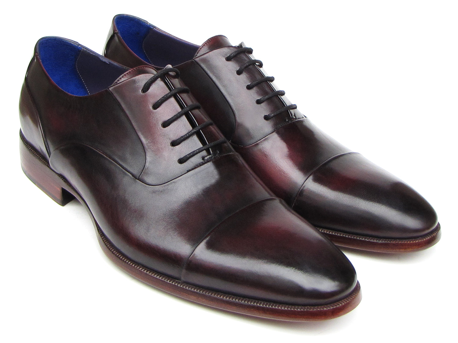 Paul Parkman Men's Captoe Oxfords in black and purple, showcasing hand-painted leather upper and bordeaux sole.