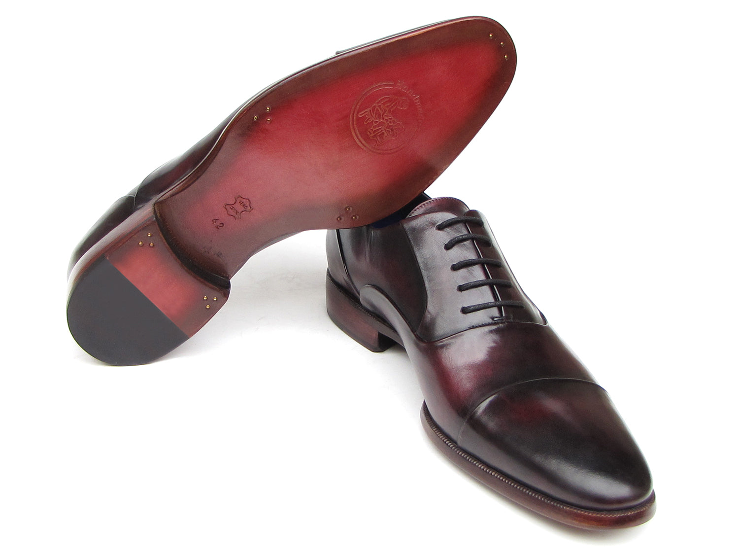 Paul Parkman Men's Captoe Oxfords in black and purple, showcasing hand-painted leather upper and bordeaux sole.