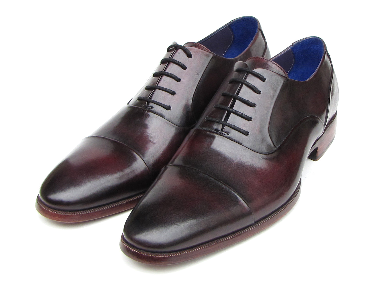 Paul Parkman Men's Captoe Oxfords in black and purple, showcasing hand-painted leather upper and bordeaux sole.