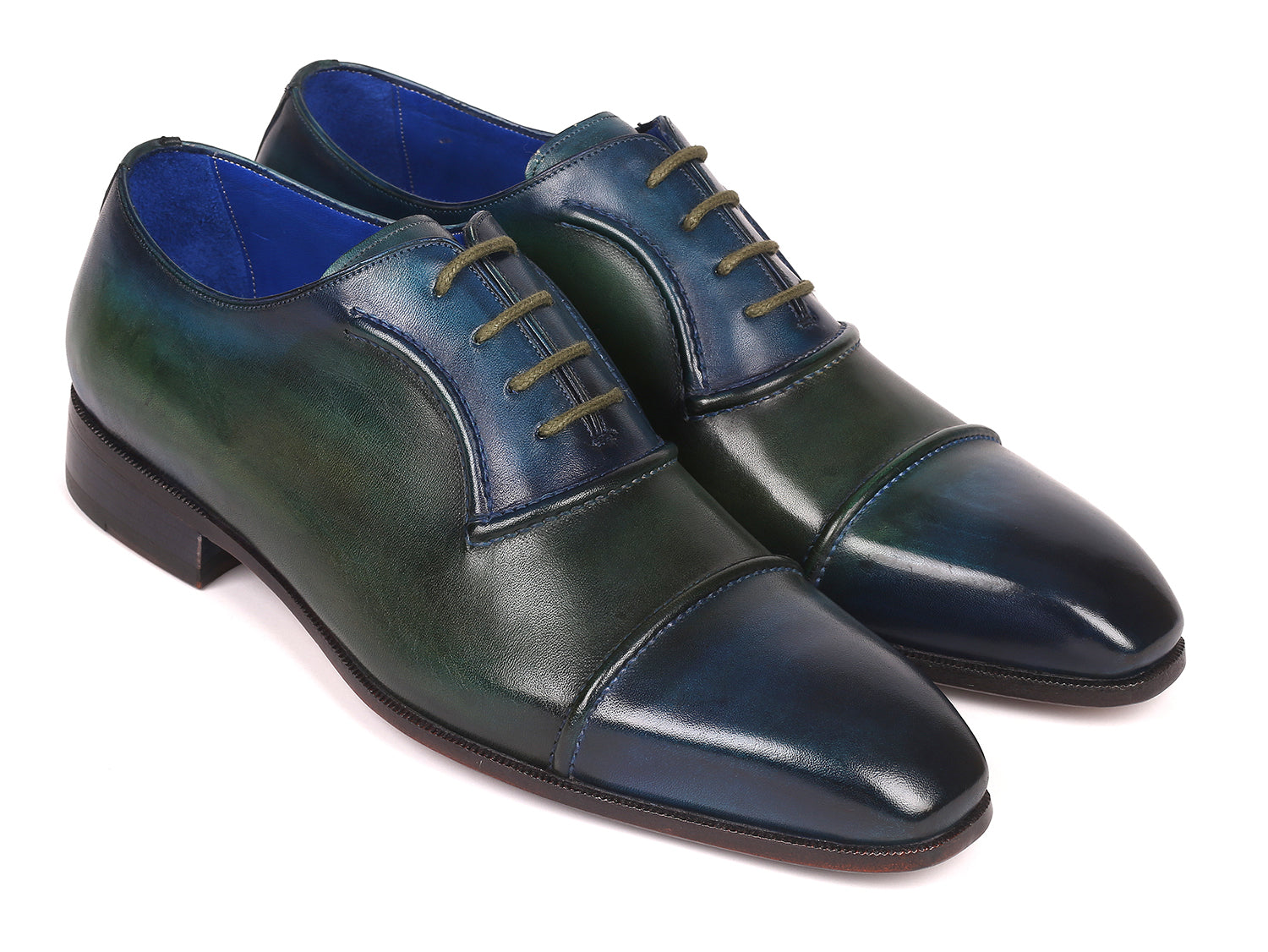 Paul Parkman Men's Cap-Toe Oxfords in blue and green, showcasing hand-painted leather upper and elegant design.