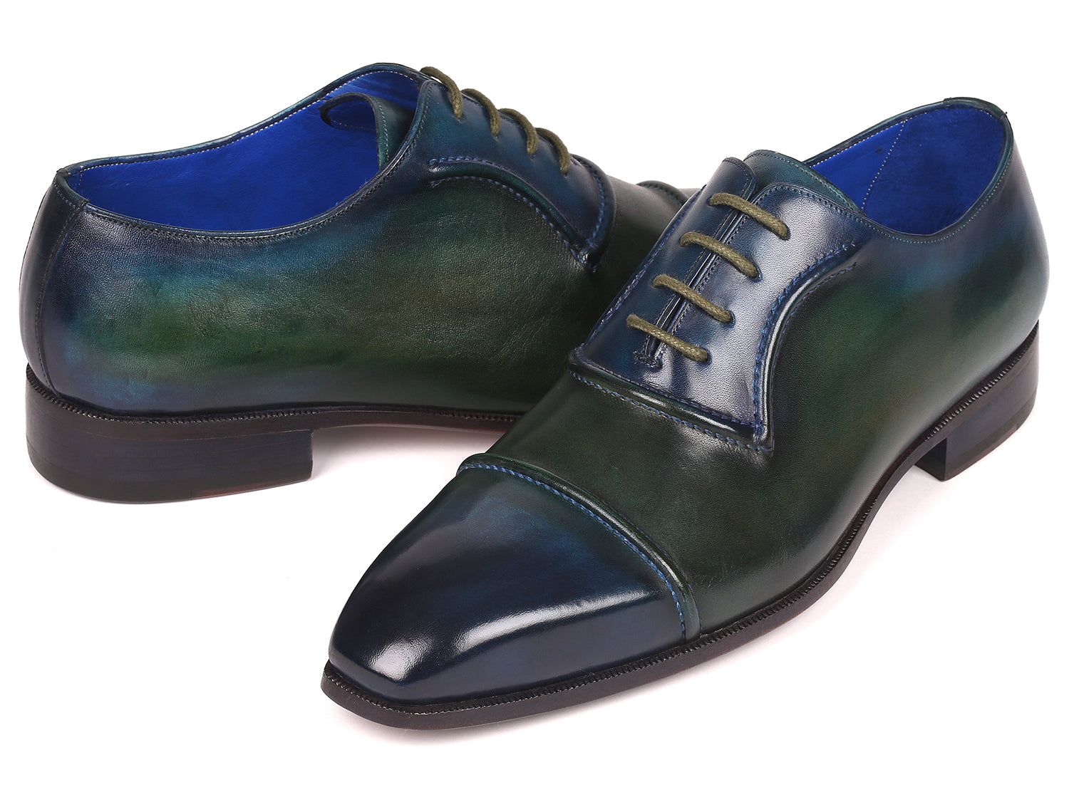 Paul Parkman Men's Cap-Toe Oxfords in blue and green, showcasing hand-painted leather upper and elegant design.