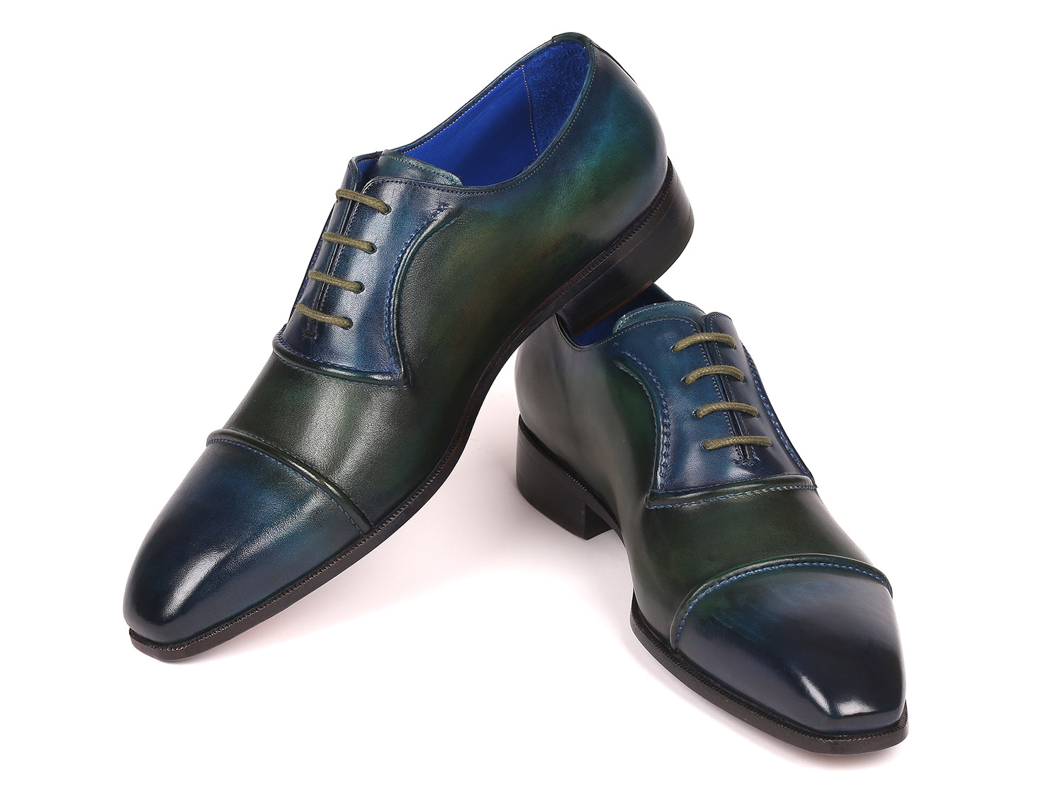 Paul Parkman Men's Cap-Toe Oxfords in blue and green, showcasing hand-painted leather upper and elegant design.