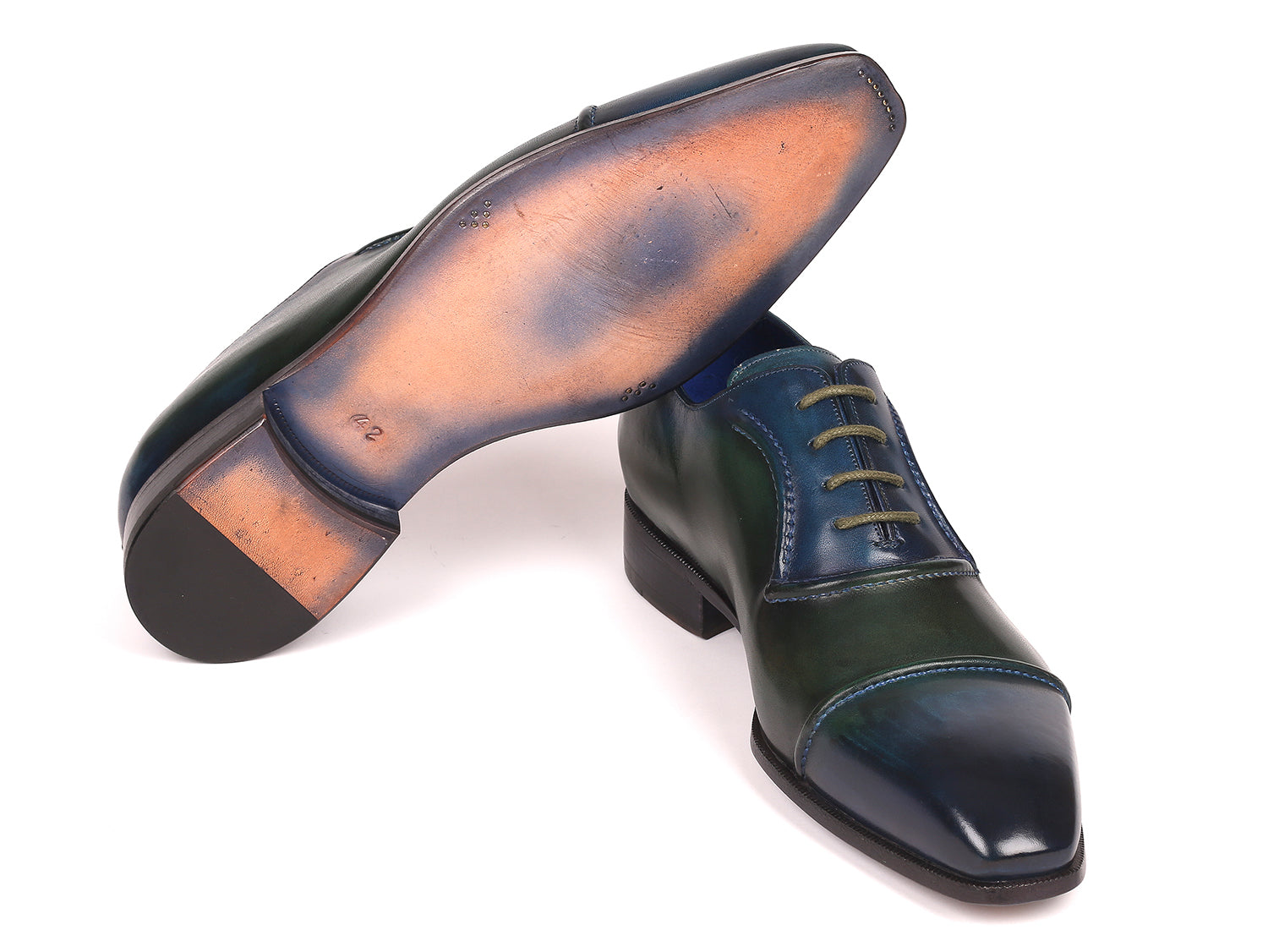 Paul Parkman Men's Cap-Toe Oxfords in blue and green, showcasing hand-painted leather upper and elegant design.