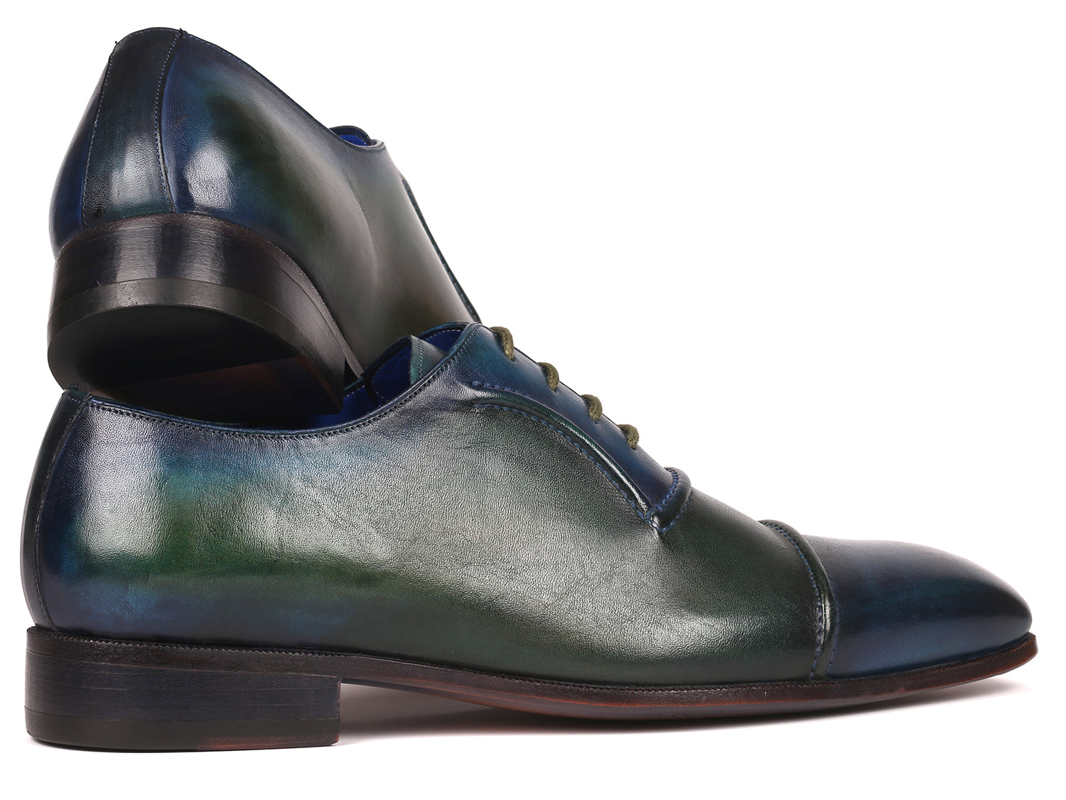 Paul Parkman Men's Cap-Toe Oxfords in blue and green, showcasing hand-painted leather upper and elegant design.