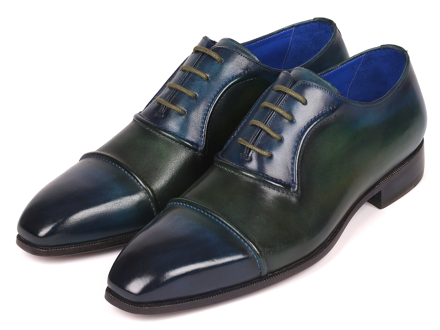 Paul Parkman Men's Cap-Toe Oxfords in blue and green, showcasing hand-painted leather upper and elegant design.