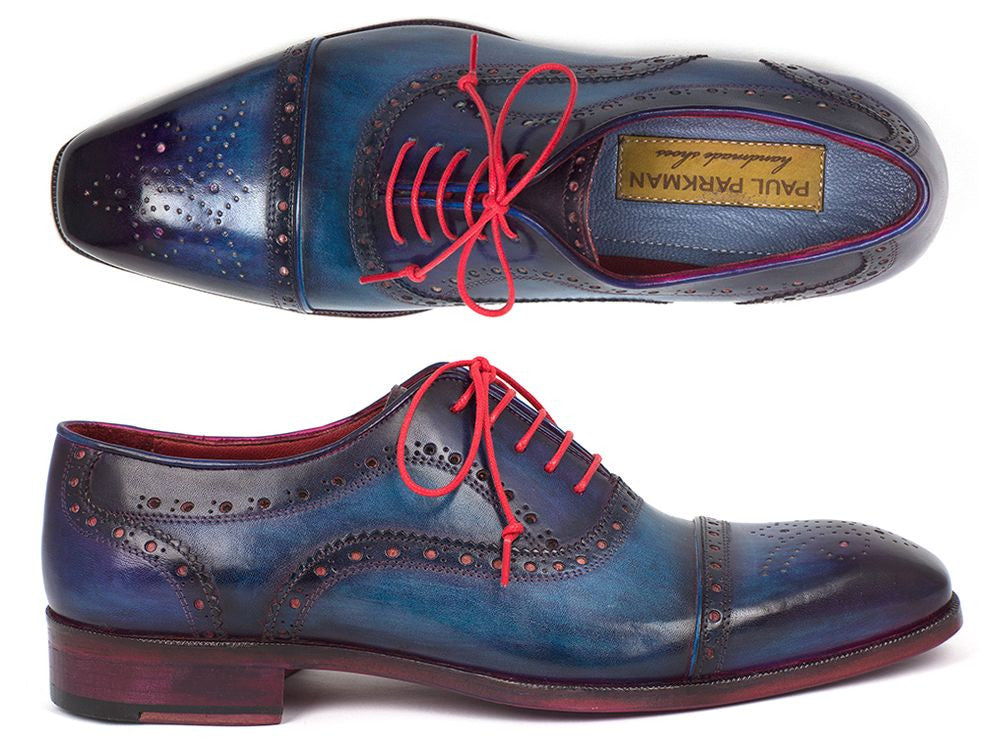 Paul Parkman Men's Captoe Oxfords in Blue & Parliament with hand-painted leather upper and purple leather sole, showcasing elegant design and craftsmanship.