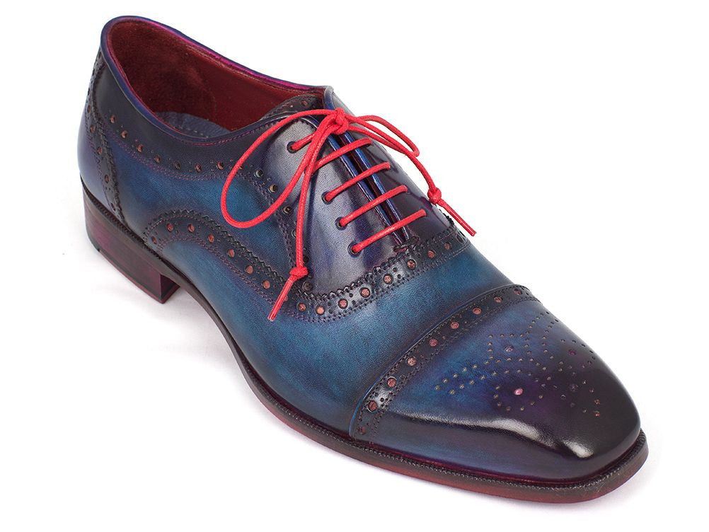 Paul Parkman Men's Captoe Oxfords in Blue & Parliament with hand-painted leather upper and purple leather sole, showcasing elegant design and craftsmanship.