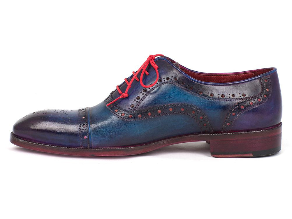 Paul Parkman Men's Captoe Oxfords in Blue & Parliament with hand-painted leather upper and purple leather sole, showcasing elegant design and craftsmanship.