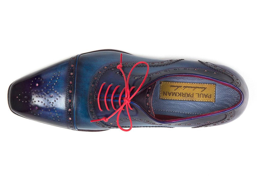 Paul Parkman Men's Captoe Oxfords in Blue & Parliament with hand-painted leather upper and purple leather sole, showcasing elegant design and craftsmanship.