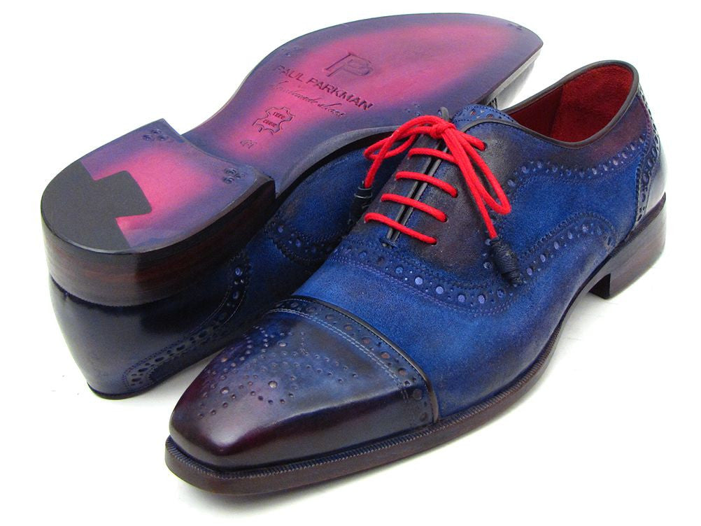 Paul Parkman Men's Captoe Oxfords in blue suede with purple accents and leather sole, featuring red laces and bordeaux lining.