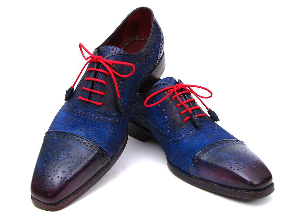 Paul Parkman Men's Captoe Oxfords in blue suede with purple accents and leather sole, featuring red laces and bordeaux lining.