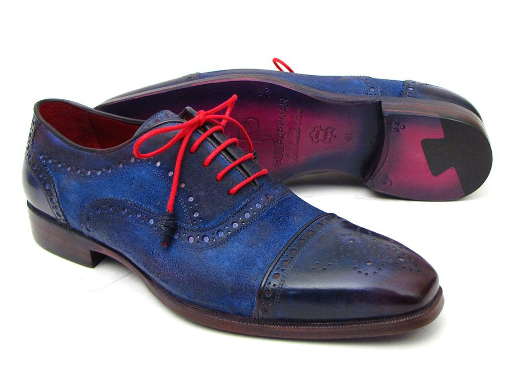 Paul Parkman Men's Captoe Oxfords in blue suede with purple accents and leather sole, featuring red laces and bordeaux lining.