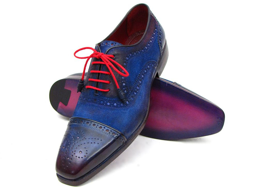 Paul Parkman Men's Captoe Oxfords in blue suede with purple accents and leather sole, featuring red laces and bordeaux lining.