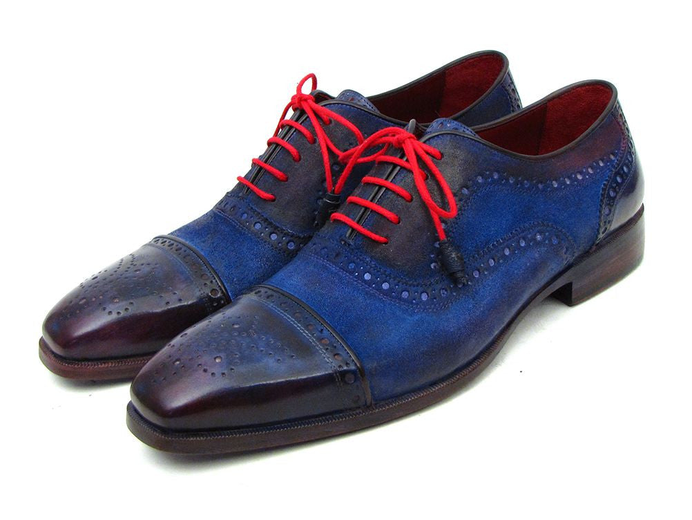 Paul Parkman Men's Captoe Oxfords in blue suede with purple accents and leather sole, featuring red laces and bordeaux lining.