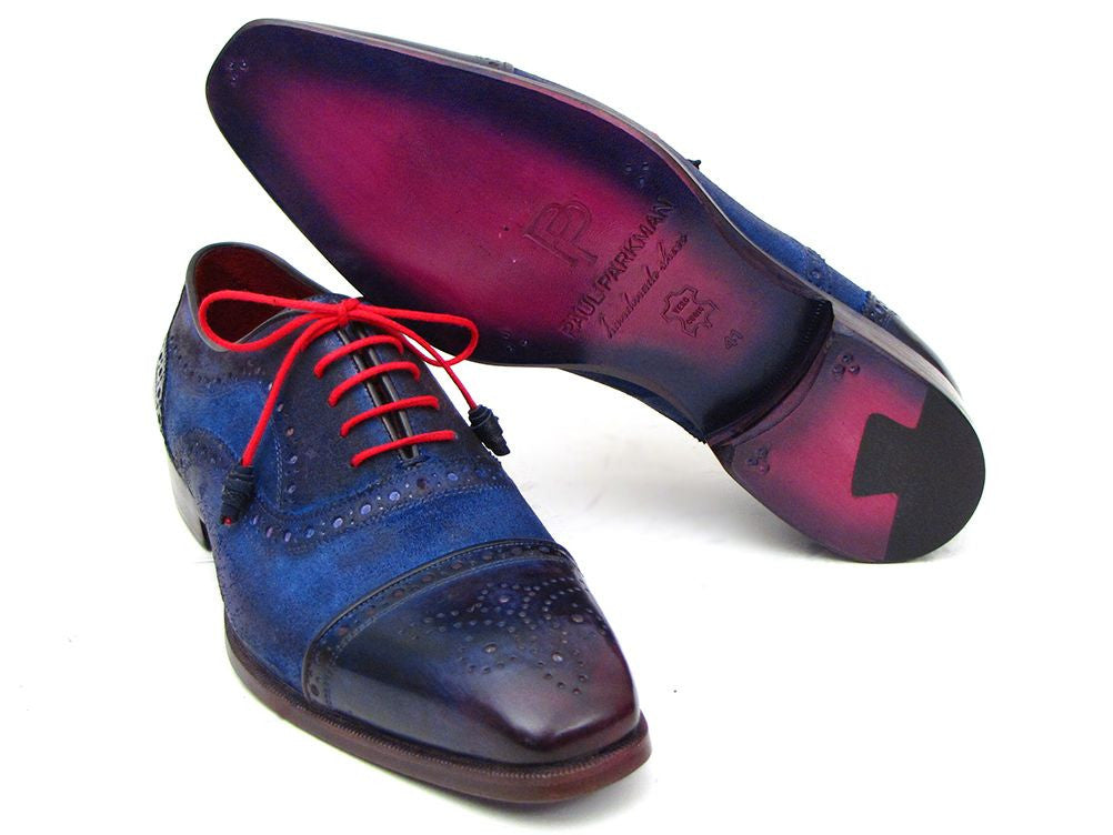 Paul Parkman Men's Captoe Oxfords in blue suede with purple accents and leather sole, featuring red laces and bordeaux lining.