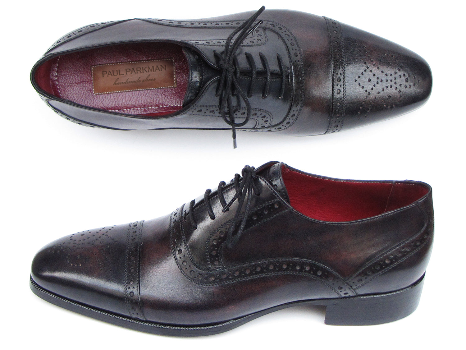 Paul Parkman Men's Captoe Oxfords in bronze and black, showcasing hand-painted leather upper and elegant design.