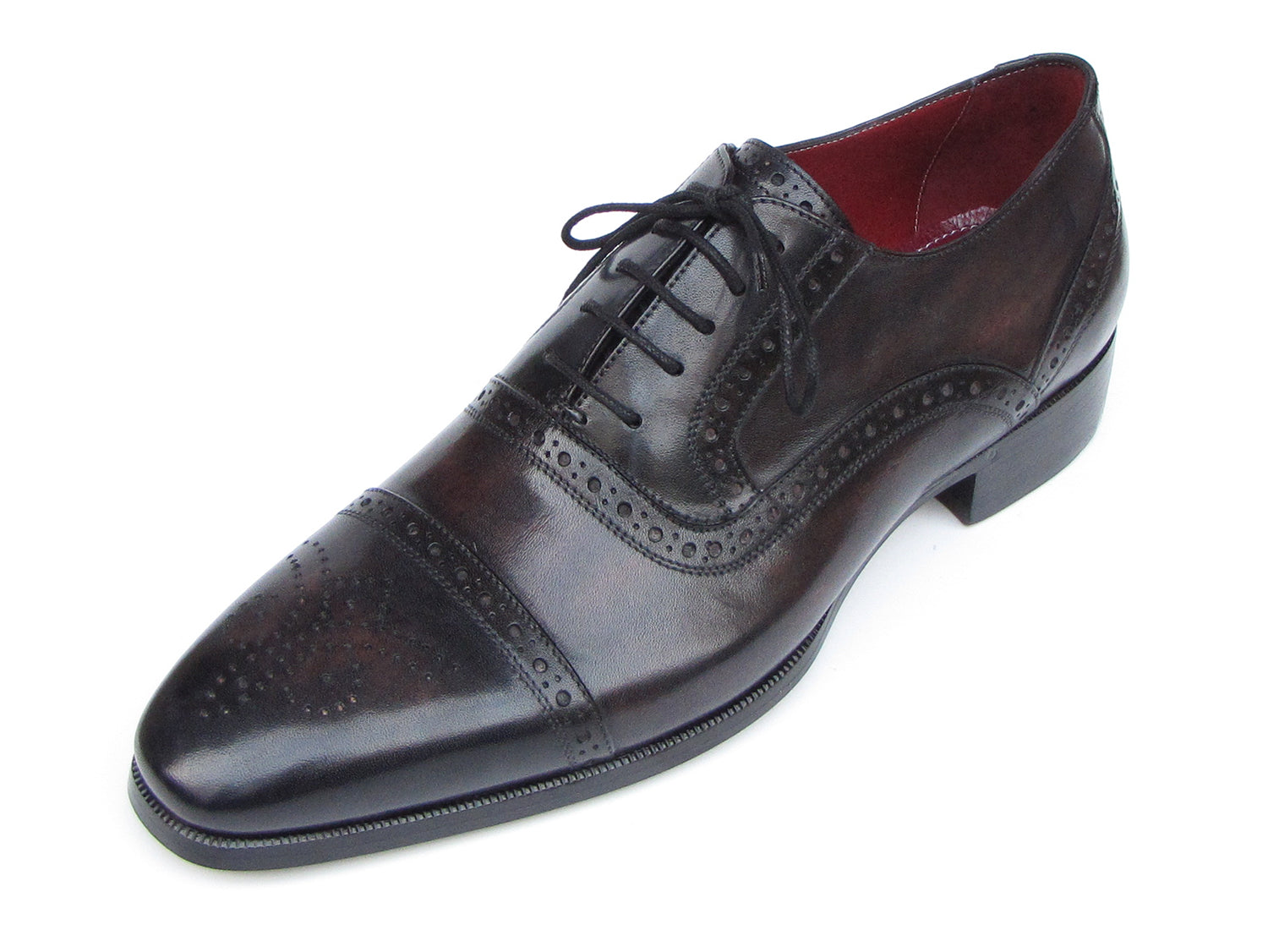 Paul Parkman Men's Captoe Oxfords in bronze and black, showcasing hand-painted leather upper and elegant design.