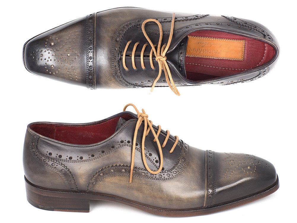 Paul Parkman Men's Captoe Oxfords in Gray featuring hand-painted leather, beige laces, and perforated cap-toe design.