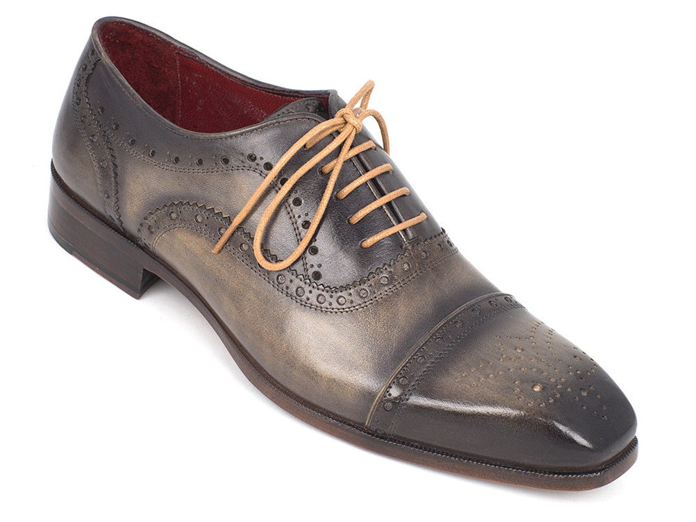 Paul Parkman Men's Captoe Oxfords in Gray featuring hand-painted leather, beige laces, and perforated cap-toe design.