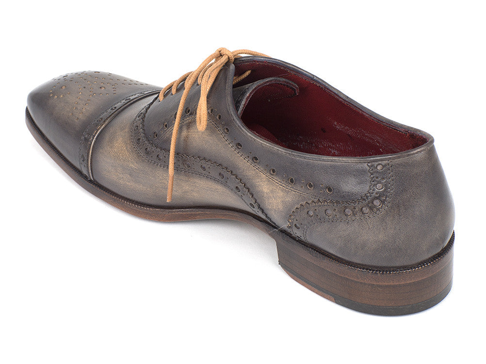 Paul Parkman Men's Captoe Oxfords in Gray featuring hand-painted leather, beige laces, and perforated cap-toe design.