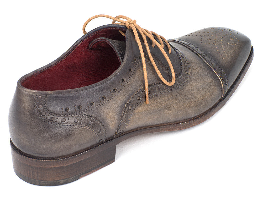 Paul Parkman Men's Captoe Oxfords in Gray featuring hand-painted leather, beige laces, and perforated cap-toe design.