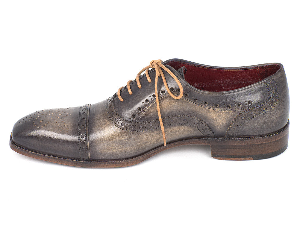 Paul Parkman Men's Captoe Oxfords in Gray featuring hand-painted leather, beige laces, and perforated cap-toe design.