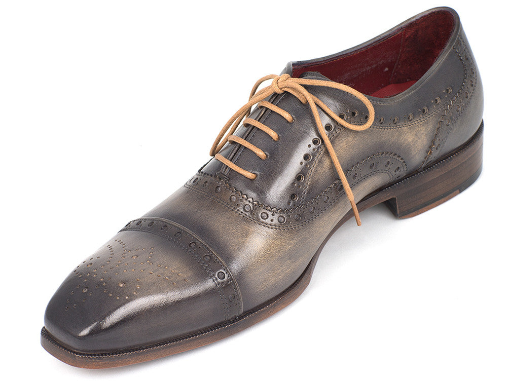 Paul Parkman Men's Captoe Oxfords in Gray featuring hand-painted leather, beige laces, and perforated cap-toe design.