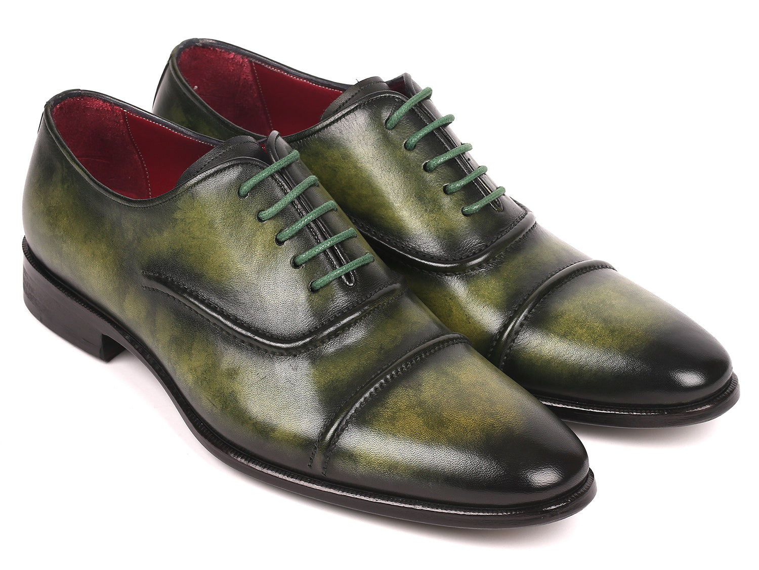 Paul Parkman Men's Cap-Toe Oxfords in green, showcasing hand-painted leather upper and antique finished sole.