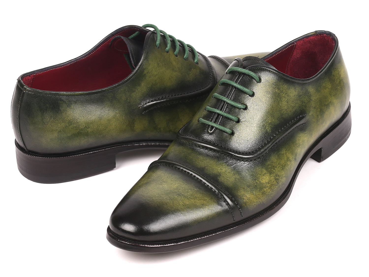 Paul Parkman Men's Cap-Toe Oxfords in green, showcasing hand-painted leather upper and antique finished sole.