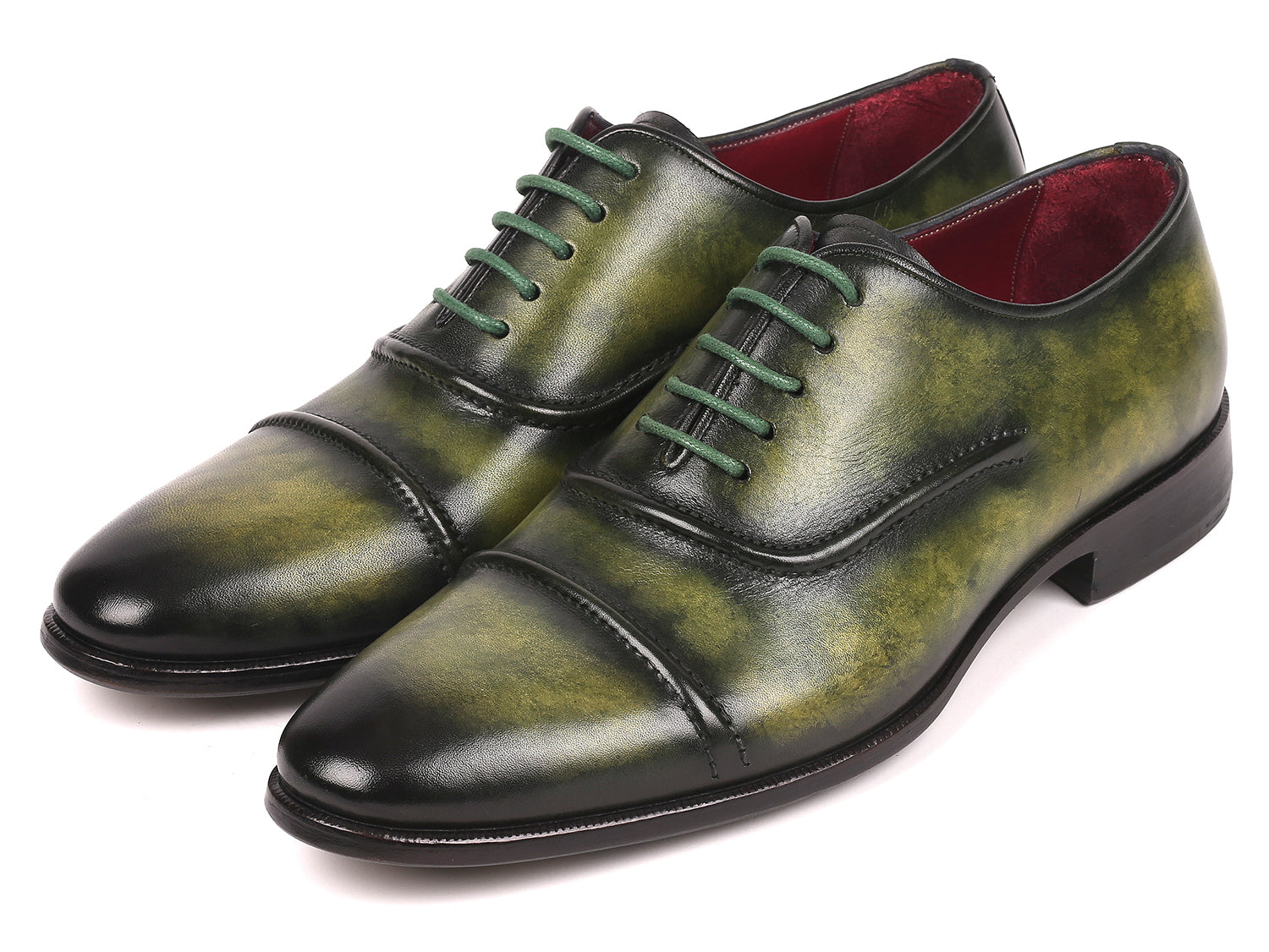 Paul Parkman Men's Cap-Toe Oxfords in green, showcasing hand-painted leather upper and antique finished sole.