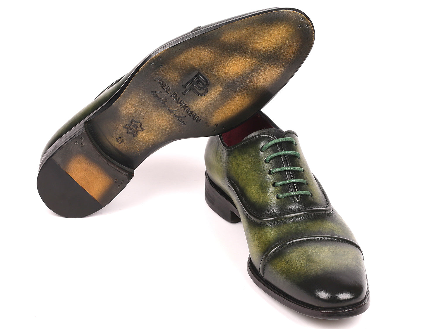 Paul Parkman Men's Cap-Toe Oxfords in green, showcasing hand-painted leather upper and antique finished sole.