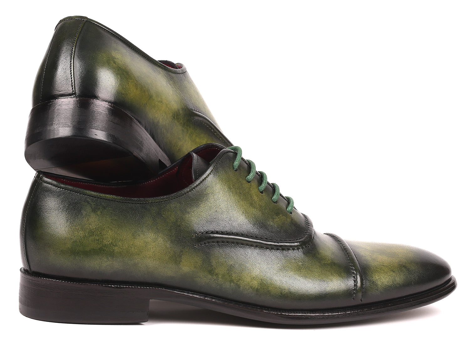 Paul Parkman Men's Cap-Toe Oxfords in green, showcasing hand-painted leather upper and antique finished sole.